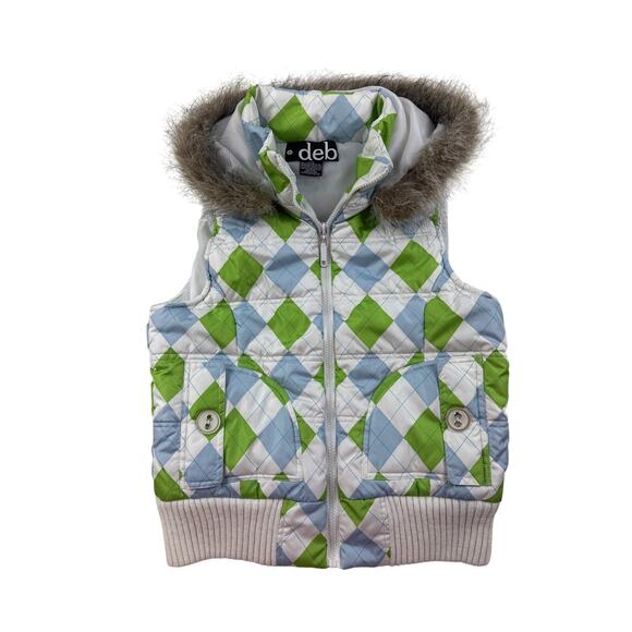 VIntage Y2k Deb Shop Puffer Vest Fur Hood Coat Diamond Print Womens Large - Picture 1 of 12